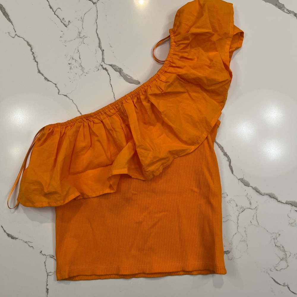 Zara Vibrant Orange One-Shoulder Top, Size 13-14, NWT